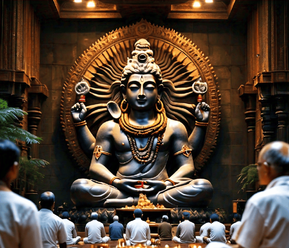 People meditating in front of Lord Shiva in bengaluru